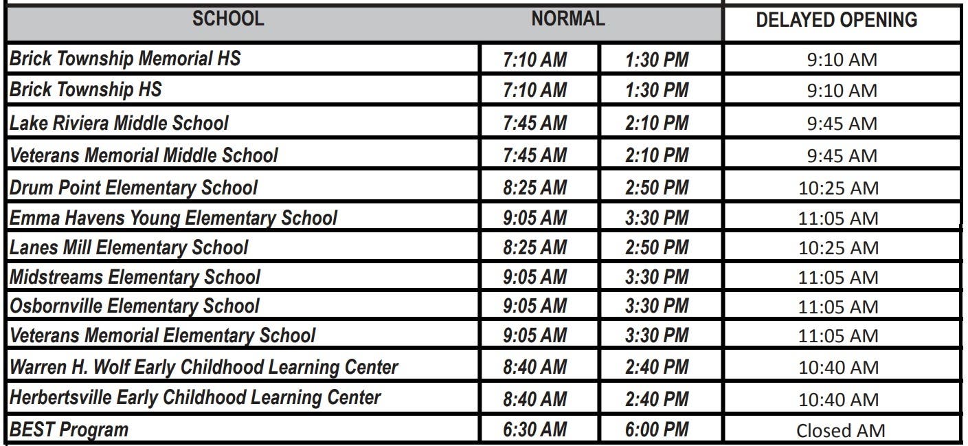 Delayed Opening Announced For Brick Schools Brick, NJ Patch